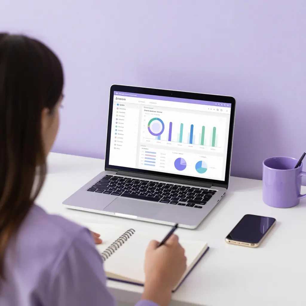 Workspace with laptop and purple coffee cup in purple wall background